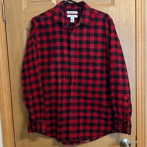Amazon Essentials Red and Black Plaid Button-Down Shirt